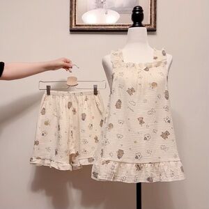 Cotton Gauze Teddy Bear Two-Piece Pajama Set | Sleeveless Top & Shorts